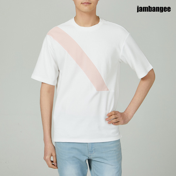 남성 특양면 사선절개 배색 반팔 티셔츠 화이트 AJ2WTS16-WH
