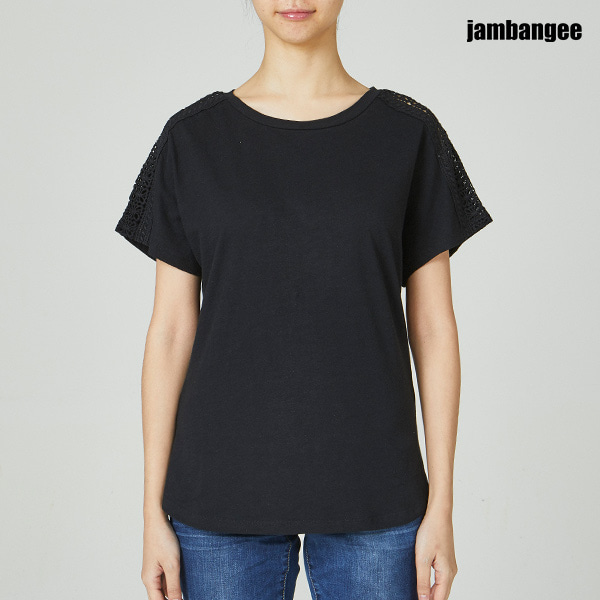 여성 레이스 TAPE 장식 라운드넥 가오리 티셔츠 AI2WTS62-BK