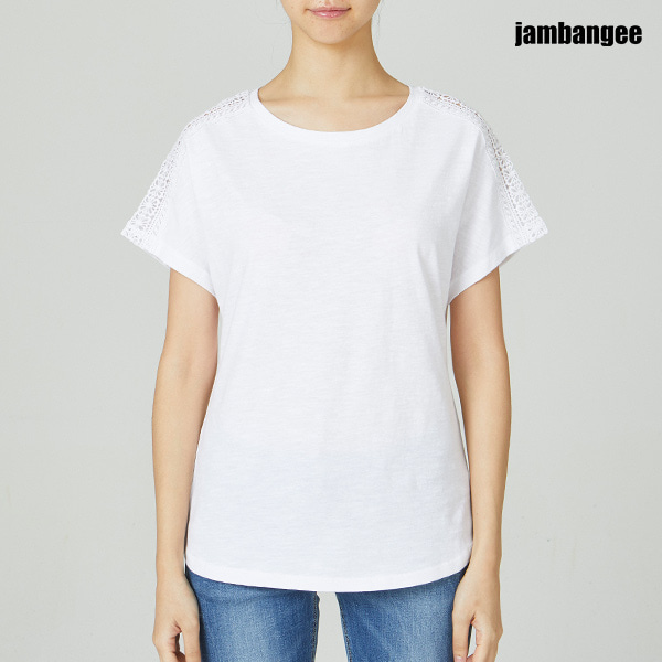 여성 레이스 TAPE 장식 라운드넥 가오리 티셔츠 AI2WTS62-WH