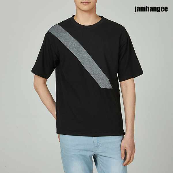 남성 특양면 사선절개 배색 반팔 티셔츠 블랙 AJ2WTS16-BK